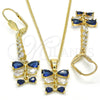 Oro Laminado Earring and Pendant Adult Set, Gold Filled Style Teardrop Design, with Sapphire Blue and White Cubic Zirconia, Polished, Golden Finish, 10.210.0087.2