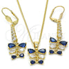 Oro Laminado Earring and Pendant Adult Set, Gold Filled Style Teardrop Design, with Sapphire Blue and White Cubic Zirconia, Polished, Golden Finish, 10.210.0087.2