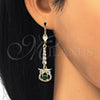 Oro Laminado Long Earring, Gold Filled Style Owl Design, with Green and White Cubic Zirconia, Polished, Golden Finish, 02.210.0210.1