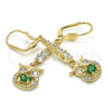 Oro Laminado Long Earring, Gold Filled Style Owl Design, with Green and White Cubic Zirconia, Polished, Golden Finish, 02.210.0210.1
