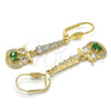 Oro Laminado Long Earring, Gold Filled Style Owl Design, with Green and White Cubic Zirconia, Polished, Golden Finish, 02.210.0210.1