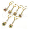 Oro Laminado Long Earring, Gold Filled Style Owl Design, with Green and White Cubic Zirconia, Polished, Golden Finish, 02.210.0210.1