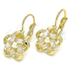 Oro Laminado Leverback Earring, Gold Filled Style Flower and Baguette Design, with White Cubic Zirconia, Polished, Golden Finish, 02.210.0214