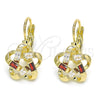 Oro Laminado Leverback Earring, Gold Filled Style Flower and Baguette Design, with Garnet and White Cubic Zirconia, Polished, Golden Finish, 02.210.0214.2