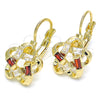 Oro Laminado Leverback Earring, Gold Filled Style Flower and Baguette Design, with Garnet and White Cubic Zirconia, Polished, Golden Finish, 02.210.0214.2