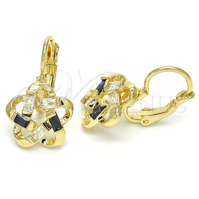 Oro Laminado Leverback Earring, Gold Filled Style Flower and Baguette Design, with Black and White Cubic for wholesale, main product view