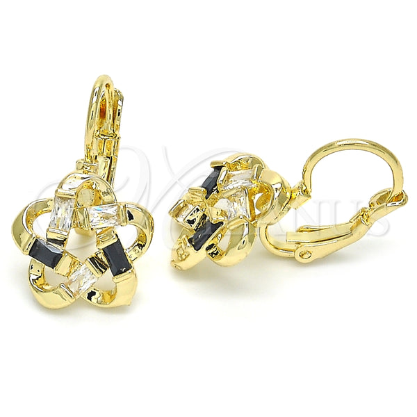 Oro Laminado Leverback Earring, Gold Filled Style Flower and Baguette Design, with Black and White Cubic Zirconia, Polished, Golden Finish, 02.210.0214.3