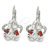 Rhodium Gold Filled Leverback Earring, Flower and Baguette Design, with Garnet and White Cubic Zirconia, Polished, Rhodium Finish, 02.210.0214.5