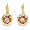 Oro Laminado Leverback Earring, Gold Filled Style Flower Design, with Garnet and White Cubic Zirconia, Polished, Golden Finish, 02.210.0216.2
