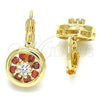 Oro Laminado Leverback Earring, Gold Filled Style Flower Design, with Garnet and White Cubic Zirconia, Polished, Golden Finish, 02.210.0216.2