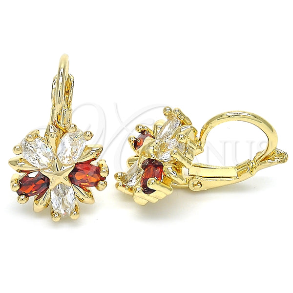 Oro Laminado Leverback Earring, Gold Filled Style Flower and Star Design, with Garnet and White Cubic Zirconia for wholesale, main product view