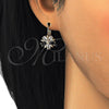 Oro Laminado Leverback Earring, Gold Filled Style Flower and Star Design, with Black and White Cubic Zirconia, Polished, Golden Finish, 02.210.0218.3