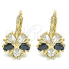 Oro Laminado Leverback Earring, Gold Filled Style Flower and Star Design, with Black and White Cubic Zirconia, Polished, Golden Finish, 02.210.0218.3
