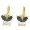 Oro Laminado Leverback Earring, Gold Filled Style Butterfly Design, with Black and White Cubic Zirconia, Polished, Golden Finish, 02.210.0220.3