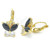 Oro Laminado Leverback Earring, Gold Filled Style Butterfly Design, with Black and White Cubic Zirconia, Polished, Golden Finish, 02.210.0220.3