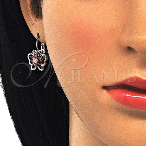 Rhodium Plated Earring and Pendant Adult Set, Butterfly and Flower Design, with Garnet and White Cubic Zirconia, Polished, Rhodium Finish, 10.210.0100.5