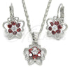 Rhodium Gold Filled Earring and Pendant Adult Set, Butterfly and Flower Design, with Garnet and White Cubic Zirconia, Polished, Rhodium Finish, 10.210.0100.5