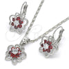 Rhodium Gold Filled Earring and Pendant Adult Set, Butterfly and Flower Design, with Garnet and White Cubic Zirconia, Polished, Rhodium Finish, 10.210.0100.5