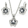 Rhodium Gold Filled Earring and Pendant Adult Set, Butterfly and Flower Design, with Black and White Cubic Zirconia, Polished, Rhodium Finish, 10.210.0100.6