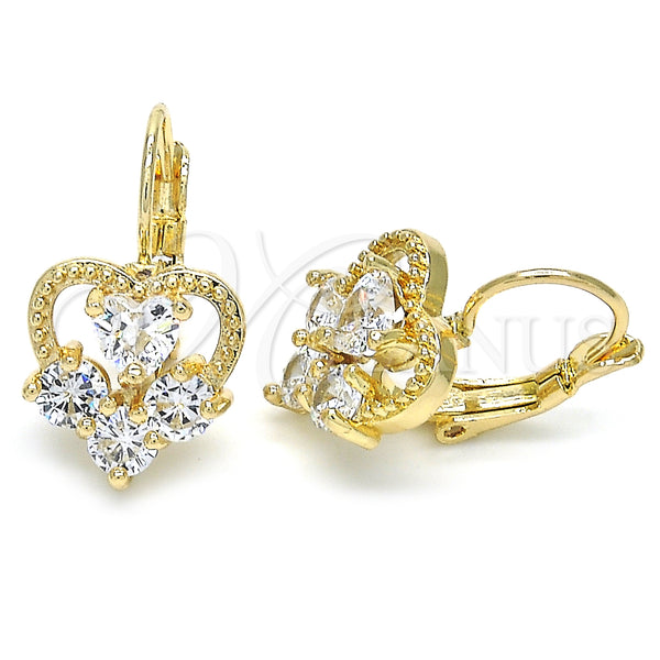Oro Laminado Leverback Earring, Gold Filled Style Heart Design, with White Cubic Zirconia, Polished, Golden Finish, 02.210.0222