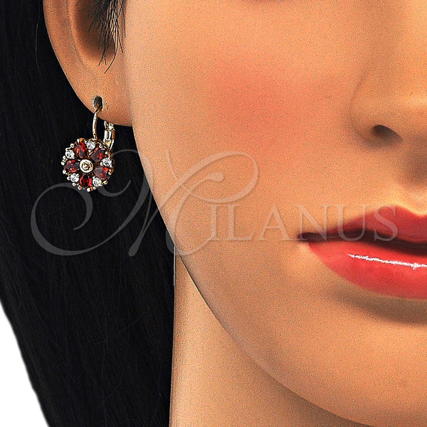 Gold Filled Ring — Leverback Earring Flower Design with Garnet and White — alternate product view — SKU 124208 | Oro Laminado anillo — Leverback Earring flor diseño with Garnet and blanco — SKU 124208
