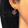 Oro Laminado Leverback Earring, Gold Filled Style Flower Design, with Garnet and White Cubic Zirconia, Polished, Golden Finish, 02.210.0227.2