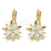 Oro Laminado Leverback Earring, Gold Filled Style Flower Design, with White Cubic Zirconia, Polished, Golden Finish, 02.210.0228