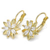 Oro Laminado Leverback Earring, Gold Filled Style Flower Design, with White Cubic Zirconia, Polished, Golden Finish, 02.210.0228