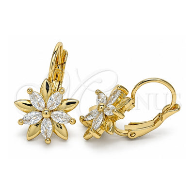 Oro Laminado Leverback Earring, Gold Filled Style Flower Design, with White Cubic Zirconia, Polished, Golden Finish, 02.210.0228
