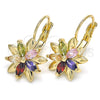 Oro Laminado Leverback Earring, Gold Filled Style Flower Design, with Multicolor Cubic Zirconia, Polished, Golden Finish, 02.210.0228.1