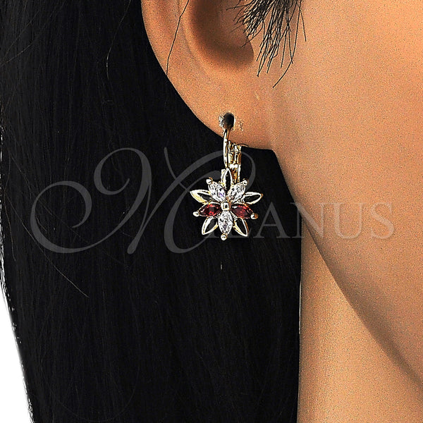 Gold Filled Ring — Leverback Earring Flower Design with Garnet and White — main product view — SKU 124229 | Oro Laminado anillo — Leverback Earring flor diseño with Garnet and blanco — SKU 124229