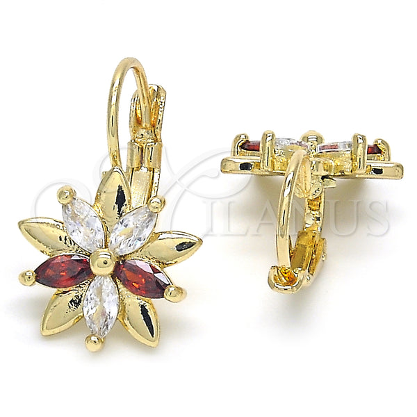 Gold Filled Ring — Leverback Earring Flower Design with Garnet and White — alternate product view — SKU 124229 | Oro Laminado anillo — Leverback Earring flor diseño with Garnet and blanco — SKU 124229