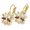 Oro Laminado Leverback Earring, Gold Filled Style Flower Design, with Garnet and White Cubic Zirconia, Polished, Golden Finish, 02.210.0228.2