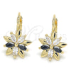 Oro Laminado Leverback Earring, Gold Filled Style Flower Design, with Black and White Cubic Zirconia, Polished, Golden Finish, 02.210.0228.3