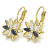 Oro Laminado Leverback Earring, Gold Filled Style Flower Design, with Black and White Cubic Zirconia, Polished, Golden Finish, 02.210.0228.3