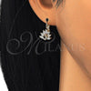 Oro Laminado Leverback Earring, Gold Filled Style Peacock Design, with White and Garnet Cubic Zirconia, Polished, Golden Finish, 02.210.0229