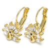 Oro Laminado Leverback Earring, Gold Filled Style Peacock Design, with White and Garnet Cubic Zirconia, Polished, Golden Finish, 02.210.0229