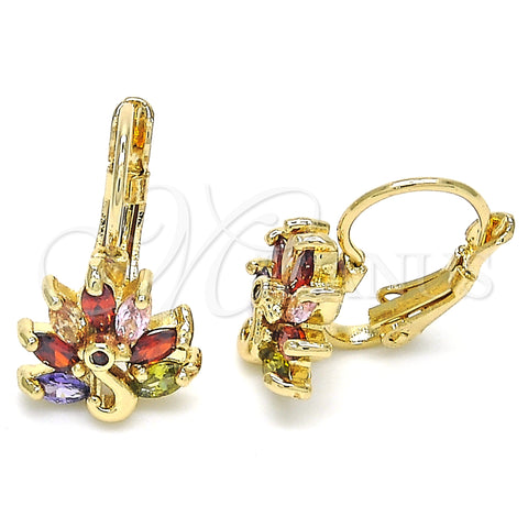 Oro Laminado Leverback Earring, Gold Filled Style Peacock Design, with Multicolor Cubic Zirconia, Polished, Golden Finish, 02.210.0229.1