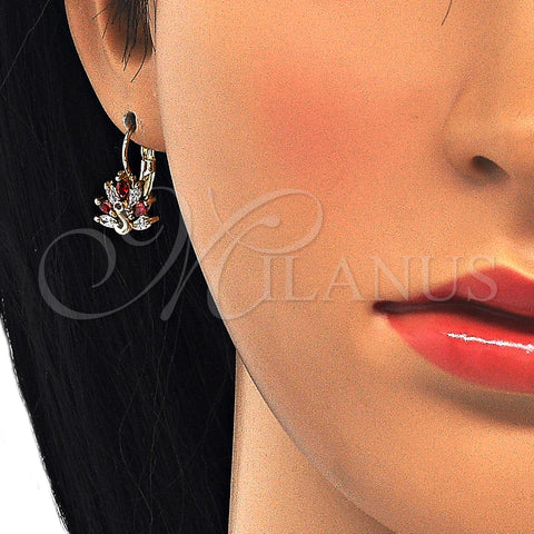 Oro Laminado Leverback Earring, Gold Filled Style Peacock Design, with Garnet and White Cubic Zirconia, Polished, Golden Finish, 02.210.0229.2