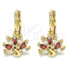 Oro Laminado Leverback Earring, Gold Filled Style Peacock Design, with Garnet and White Cubic Zirconia, Polished, Golden Finish, 02.210.0229.2