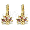 Oro Laminado Leverback Earring, Gold Filled Style Peacock Design, with Garnet and White Cubic Zirconia, Polished, Golden Finish, 02.210.0229.2