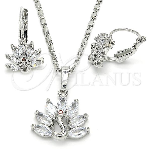 Rhodium Plated Earring and Pendant Adult Set, Peacock Design, with White and Garnet Cubic Zirconia, Polished, Rhodium Finish, 10.210.0108.4