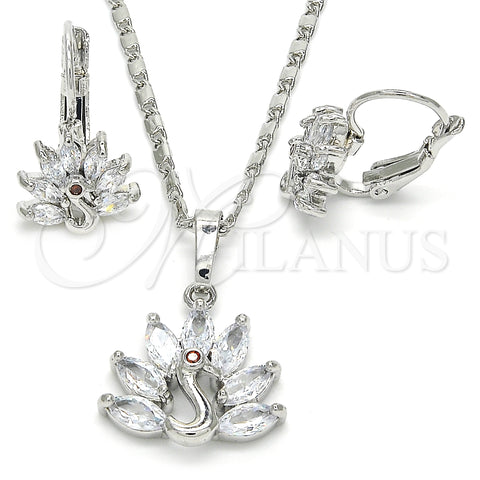 Rhodium Plated Earring and Pendant Adult Set, Peacock Design, with White and Garnet Cubic Zirconia, Polished, Rhodium Finish, 10.210.0108.4