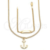 Oro Laminado Earring and Pendant Children Set, Gold Filled Style Anchor and Miami Cuban Design, Polished, Golden Finish, 06.63.0230