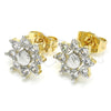 Oro Laminado Stud Earring, Gold Filled Style Flower Design, with White Cubic Zirconia, Polished, Two Tone, 02.210.0238
