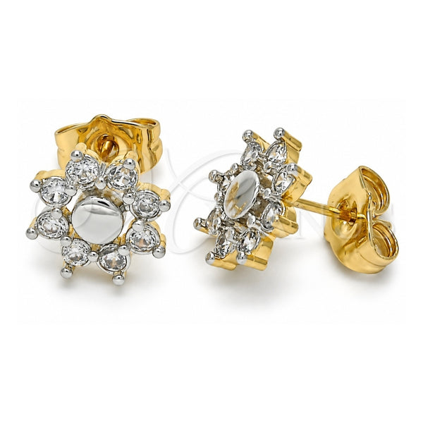 Oro Laminado Stud Earring, Gold Filled Style Flower Design, with White Cubic Zirconia, Polished, Two Tone, 02.210.0238