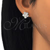 Oro Laminado Stud Earring, Gold Filled Style Flower Design, with White Cubic Zirconia, Polished, Two Tone, 02.210.0239