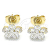 Oro Laminado Stud Earring, Gold Filled Style Flower Design, with White Cubic Zirconia, Polished, Two Tone, 02.210.0239