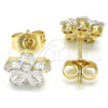 Oro Laminado Stud Earring, Gold Filled Style Flower Design, with White Cubic Zirconia, Polished, Two Tone, 02.210.0239