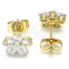 Oro Laminado Stud Earring, Gold Filled Style Flower Design, with White Cubic Zirconia, Polished, Two Tone, 02.210.0239